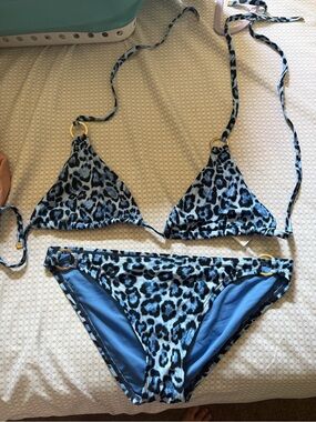 Michael Kors Light Blue and Black Leopard-Print Triangle Bikini